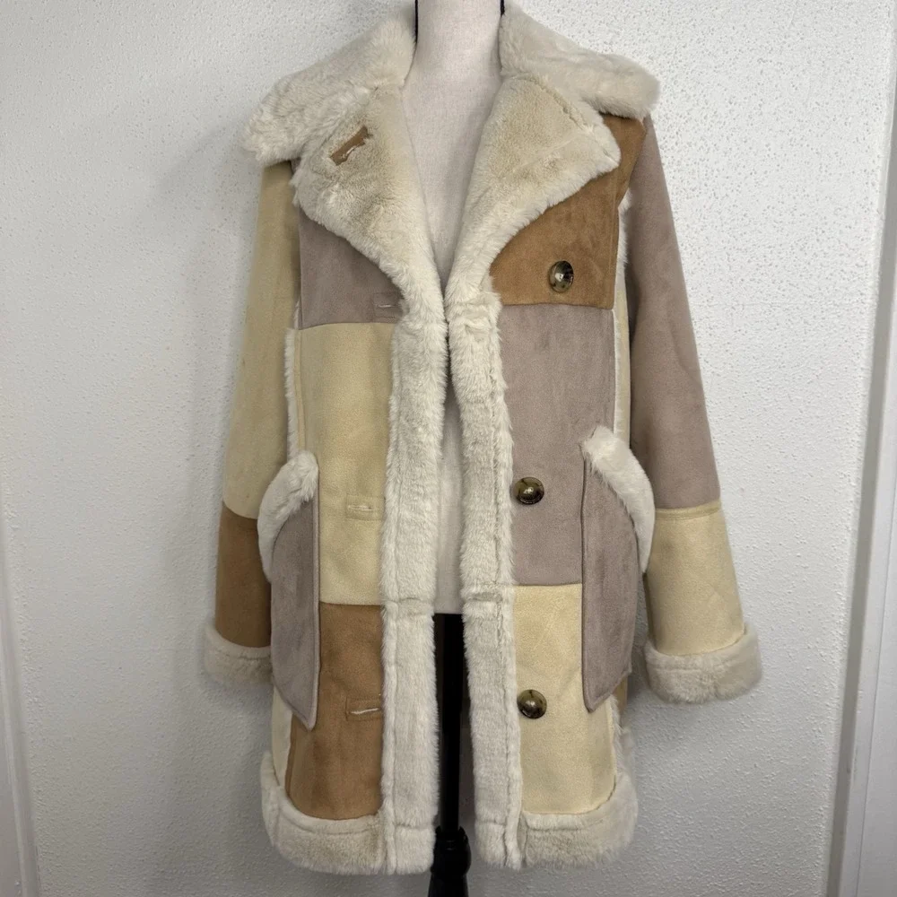 Hollister Faux Shearling Coat Patchwork Tan/ Cream Panels Size XS Women's